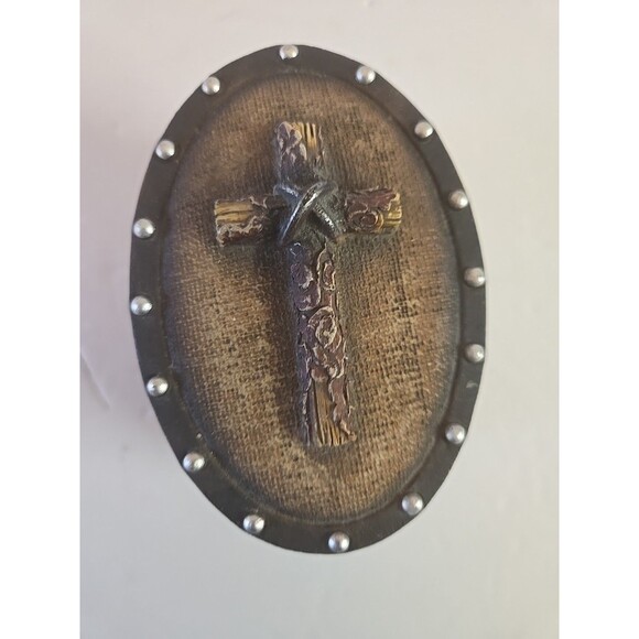 Western Cross Trinket Box Oval Rustic Wood Resin Brown Decorative Storage Box - Picture 7 of 10